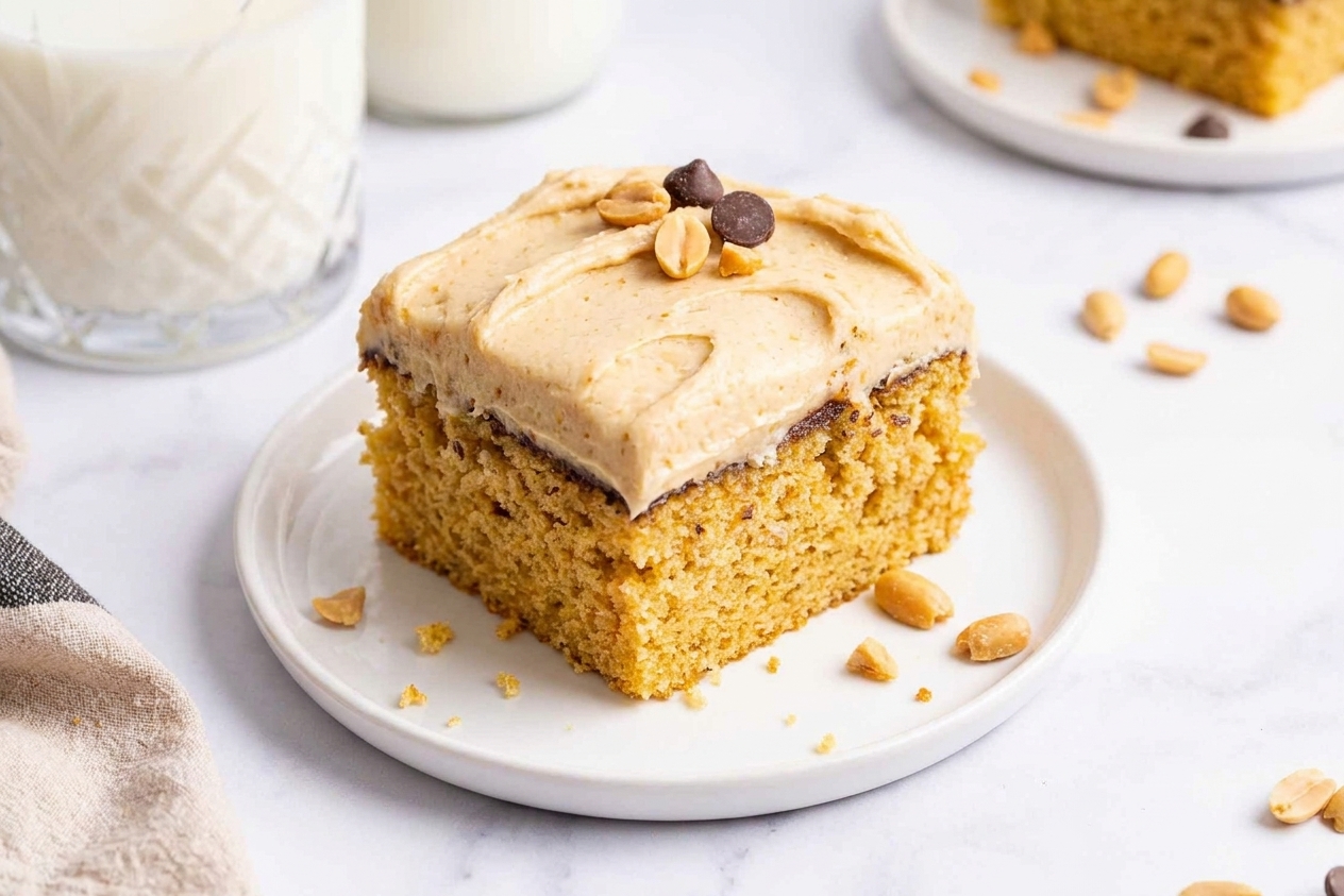 A single slice of peanut butter cake with thick peanut butter frosting on a small plate, crumbs scattered lightly, on a simple table setting