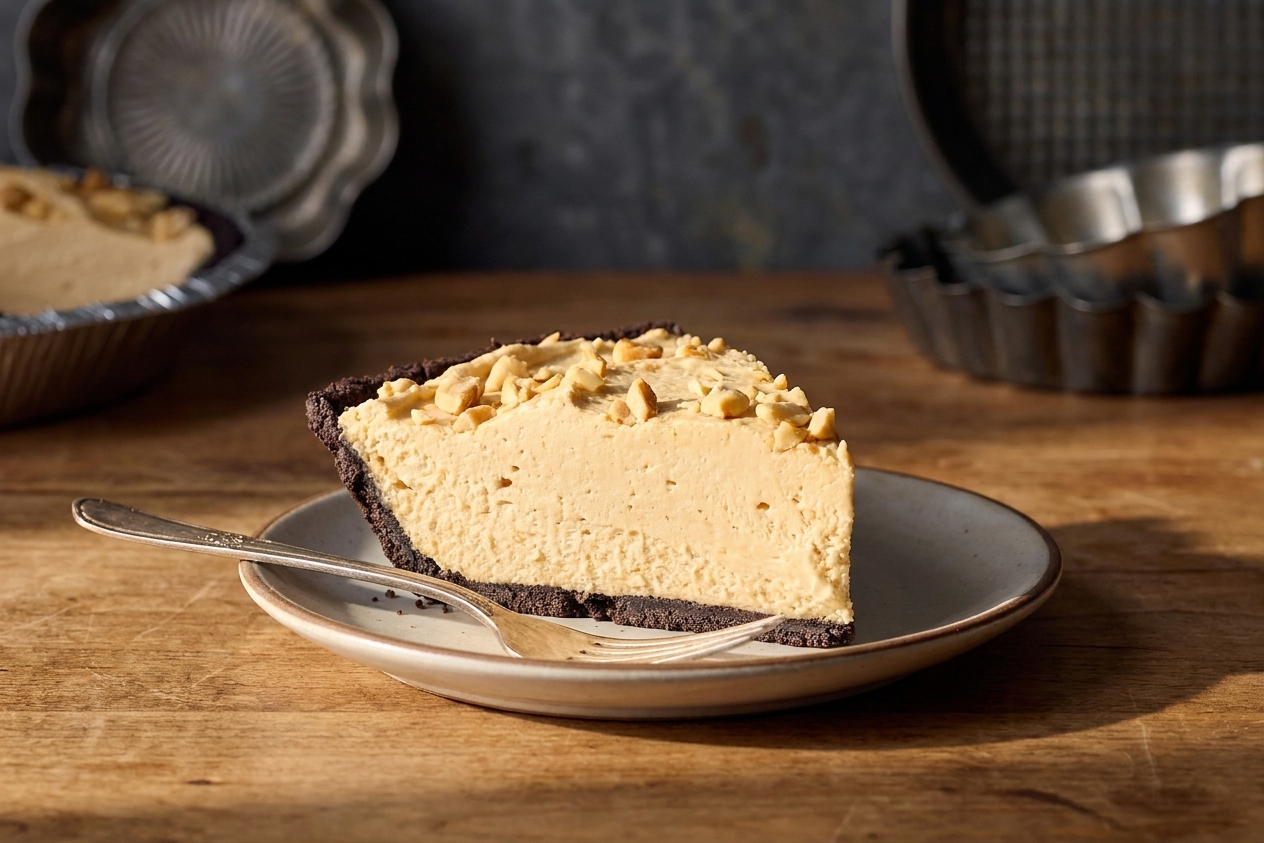 A single slice of peanut butter pie on a dessert plate with a fork, showing creamy filling and a crumb crust under warm kitchen lighting