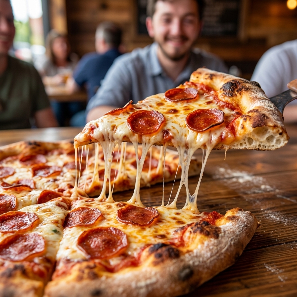 A single slice of pepperoni pizza being lifted from a pie with melted stretchy cheese and browned blistered crust, shallow depth of field, photorealistic food photography