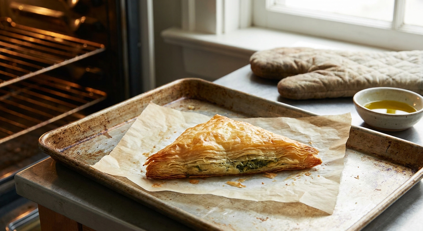 A single slice of phyllo spinach pie on a parchment-lined sheet pan ready to reheat in the oven