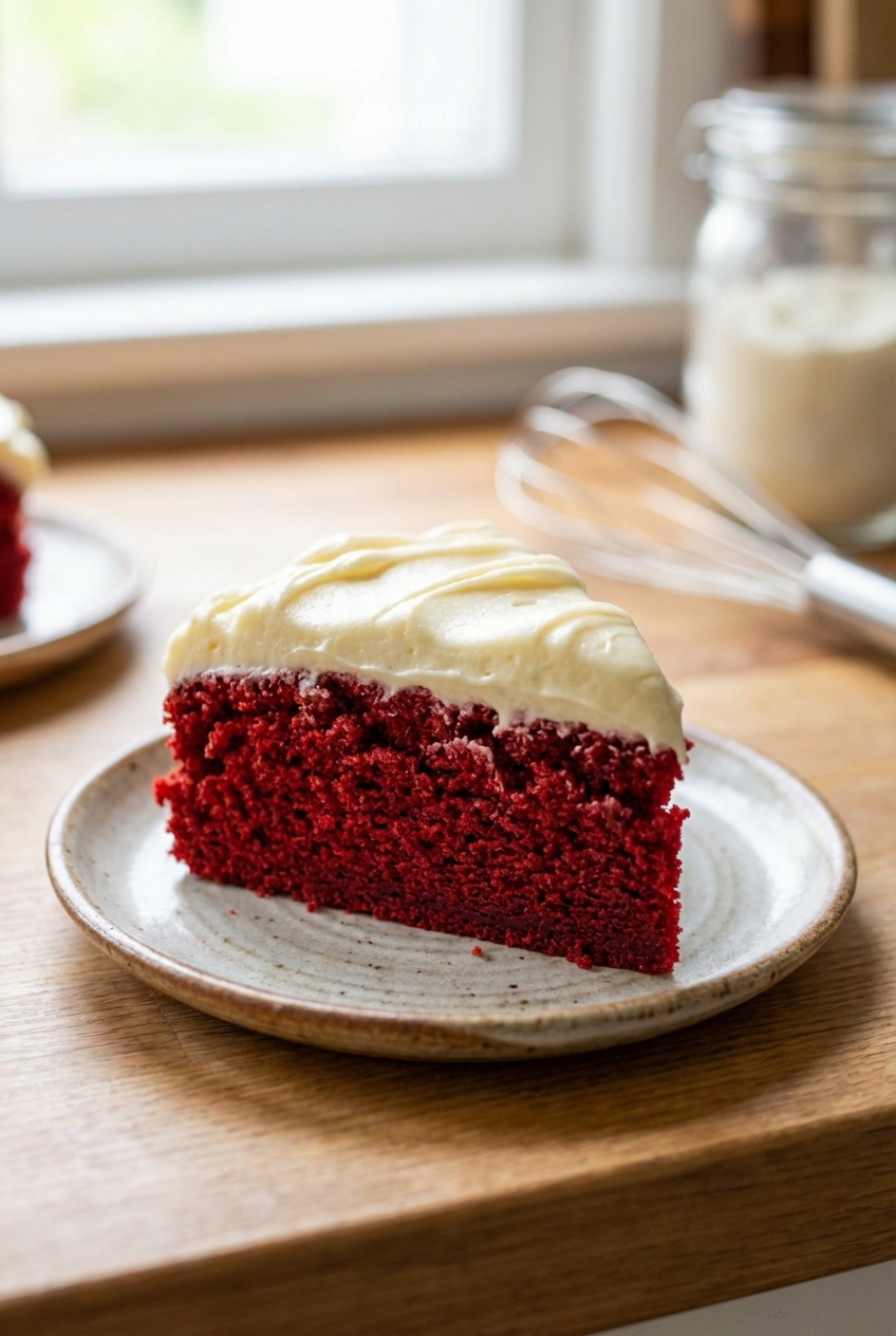 A single slice of red velvet cake showing a vivid red crumb and thick cream cheese frosting on a small dessert plate
