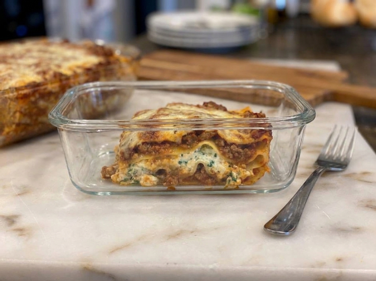 A single slice of ricotta lasagna in a glass meal prep container with a fork beside it on a kitchen counter