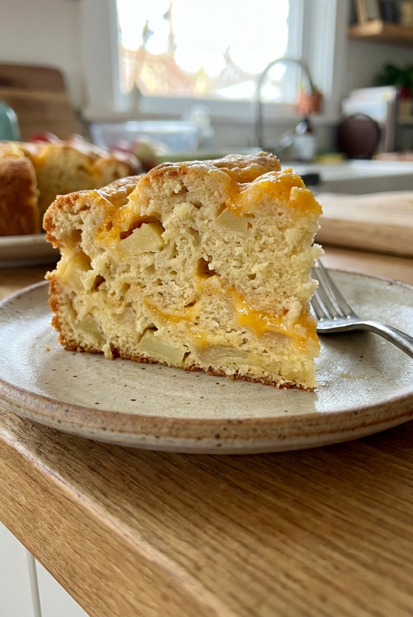 A single slice of savory apple cake on a plate showing a smooth, tender crumb with bits of apple and melted cheddar