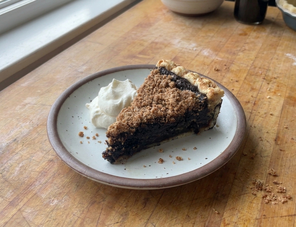 A single slice of shoofly pie on a dessert plate with a dollop of whipped cream, crumbs scattered lightly on the plate, on a wooden kitchen table