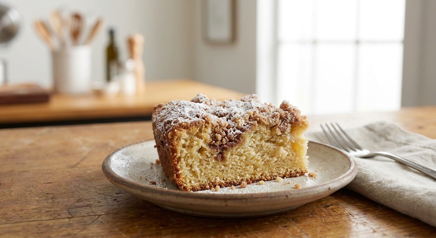 A single slice of sour cream coffee cake on a small plate, showing a thick cinnamon streusel ribbon and crumbly topping, set on a cozy kitchen table with soft morning light