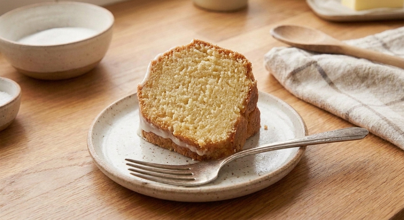 A single slice of sour cream pound cake on a small plate with a fork beside it, showing a moist, fine crumb and lightly browned crust
