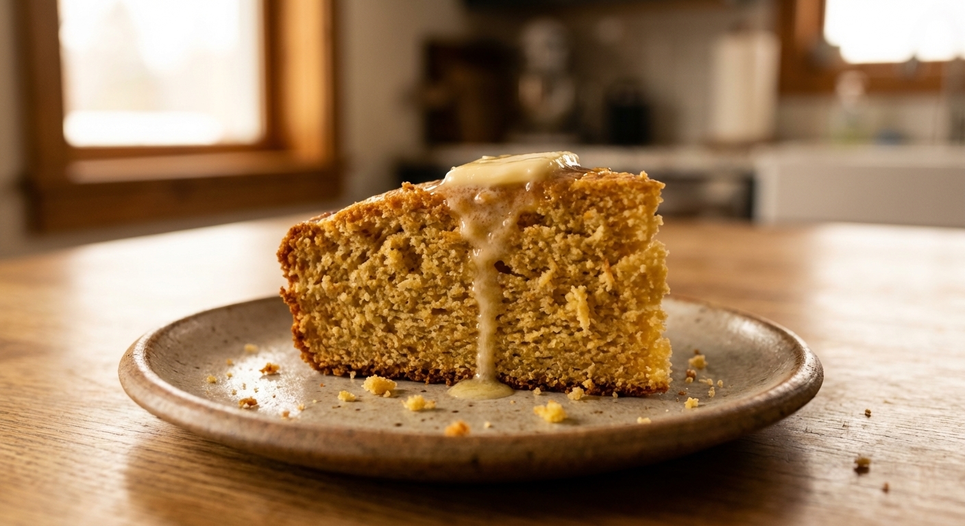 A single slice of sourdough discard cornbread on a small plate with a pat of butter melting on top, crumbs scattered lightly, warm indoor lighting, photorealistic food photography