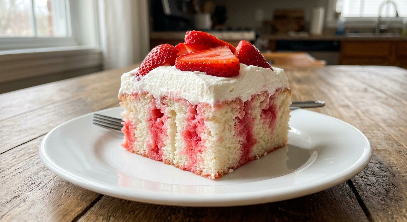 A single slice of strawberry Jello poke cake with visible pink gelatin streaks and whipped topping on a white dessert plate, close-up food photography