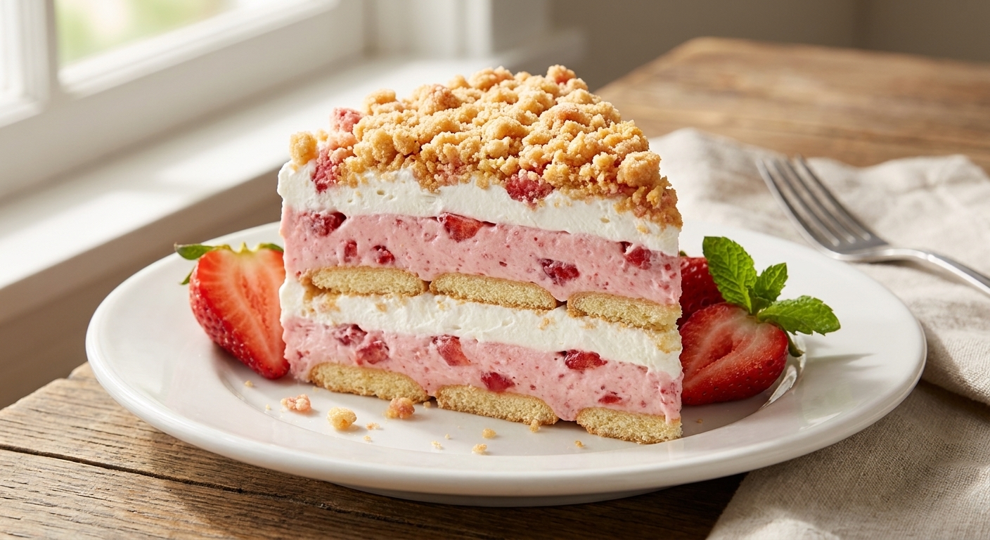 A single slice of strawberry crunch icebox cake on a white plate, showing layers of strawberry filling, whipped cream, and golden cookie crunch topping, natural window light