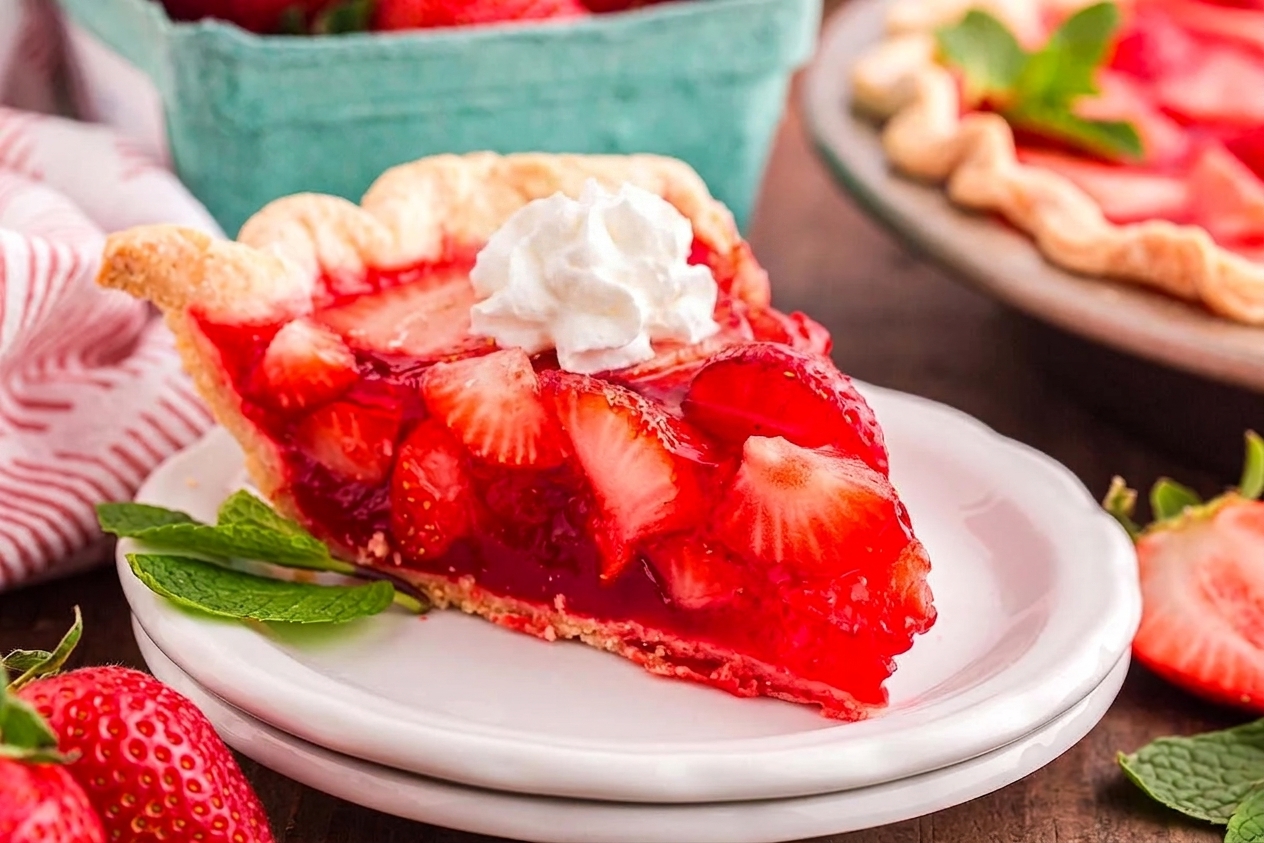 A single slice of strawberry pie with glossy red glaze on a dessert plate, topped with a small dollop of whipped cream