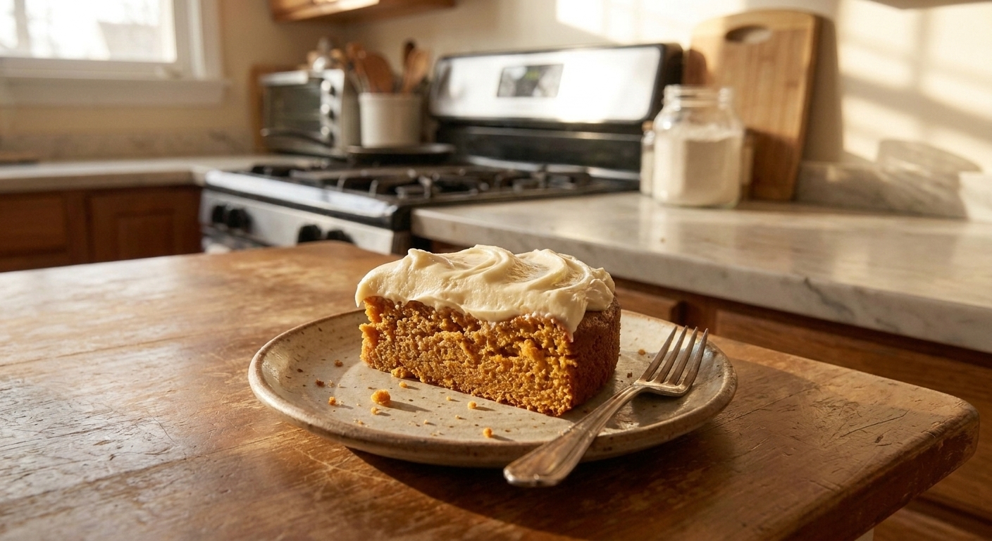 A single slice of sweet potato cake on a ceramic plate with a thick layer of cream cheese frosting on a wooden table