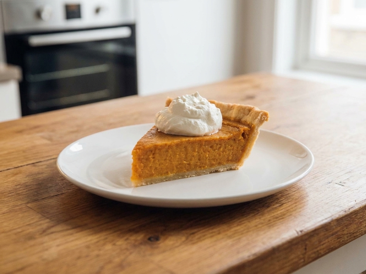 A single slice of sweet potato pie on a white dessert plate with a dollop of whipped cream, set on a warm-toned wooden table with soft natural kitchen light