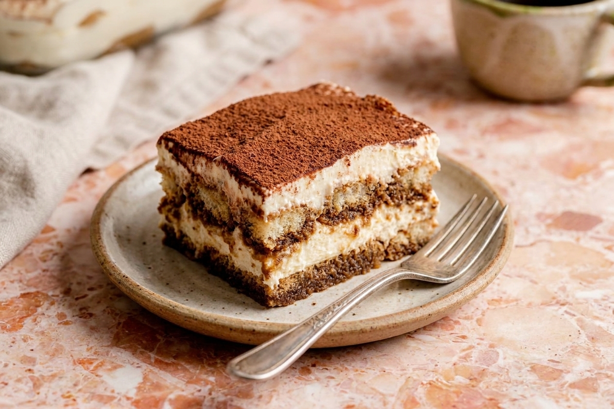 A single slice of tiramisu on a small plate with a fork, showing distinct creamy and coffee-soaked layers on a simple table setting