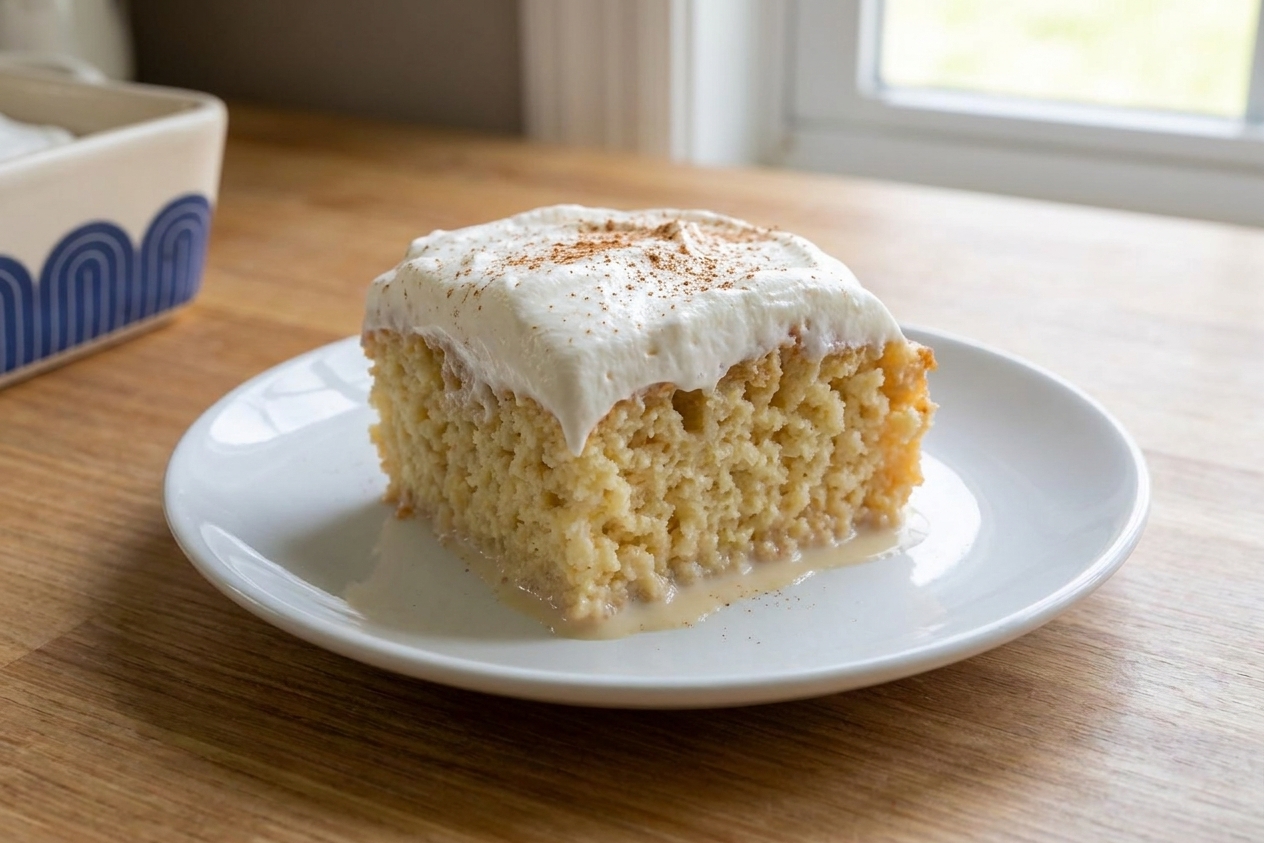 A single slice of tres leches cake on a white dessert plate with whipped cream on top, showing the moist crumb and creamy soak, set on a warm kitchen table