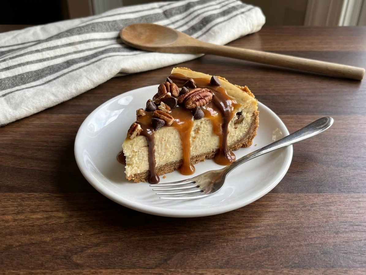 A single slice of turtle cheesecake on a dessert plate with caramel and chocolate drizzle, toasted pecans, and a fork beside it on a wooden table