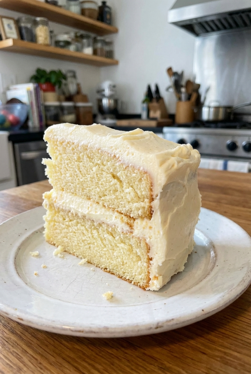 A single slice of vanilla layer cake showing a soft, pale crumb and a thick layer of vanilla buttercream on a plate
