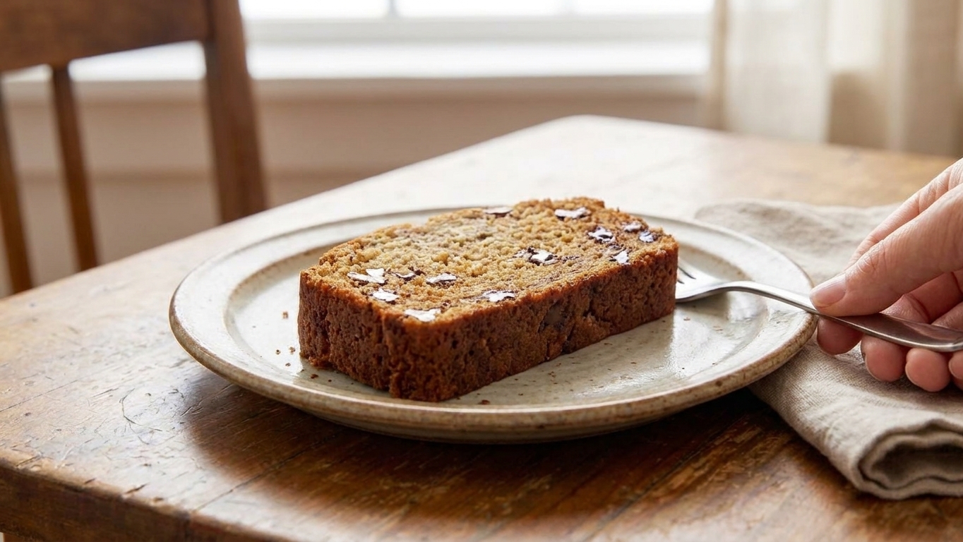 A single slice of vegan banana bread showing a moist crumb and a few chocolate chips on a plate