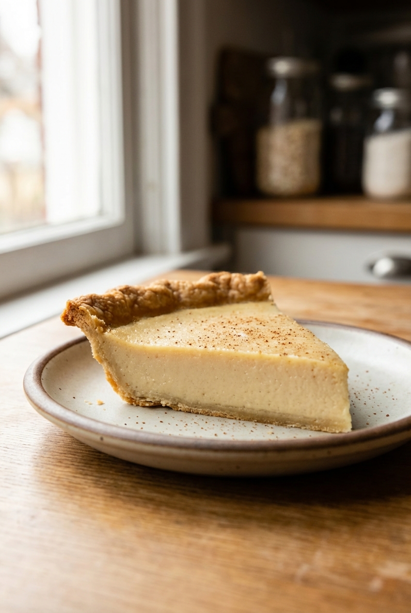 A single slice of vegan custard pie on a plate with a flaky crust and smooth pale-yellow custard, photographed in natural window light