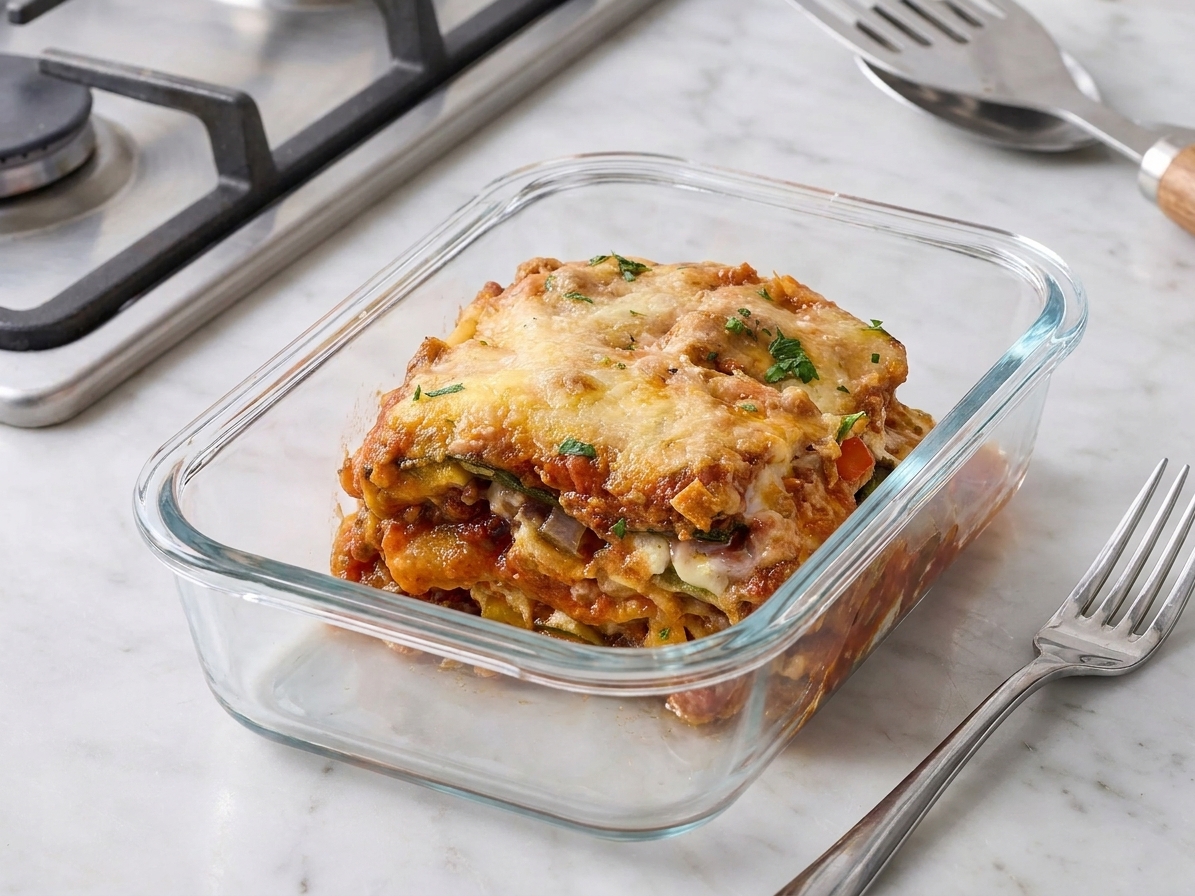 A single slice of vegetable lasagna in a glass meal prep container with a fork beside it on a kitchen counter