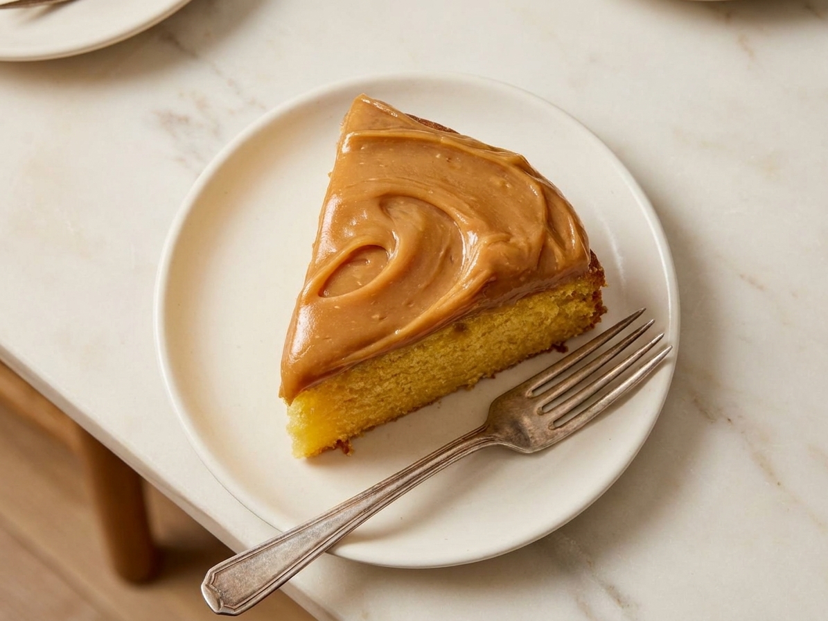 A single slice of yellow cake on a small plate with thick, glossy caramel frosting swirled on top on a warm kitchen table