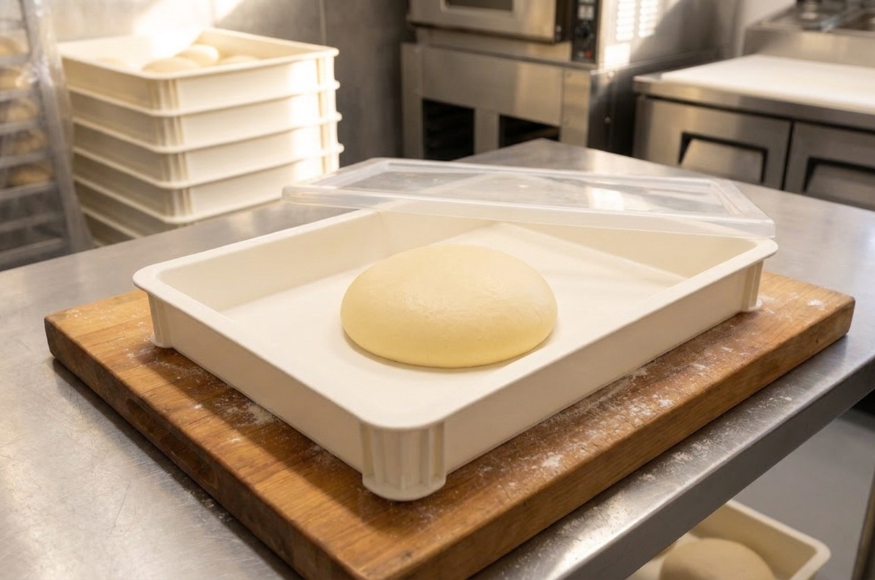 A single smooth Neapolitan pizza dough ball resting in a covered dough tray on a flour-dusted kitchen counter with warm natural light