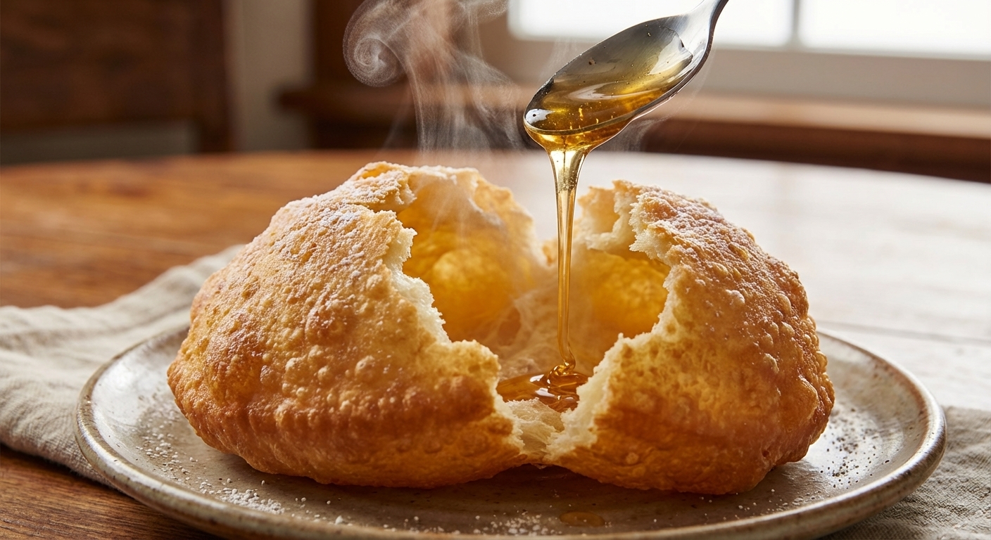 A single sopapilla torn open on a plate showing a hollow, steamy interior, with honey being spooned into the pocket, close-up food photo