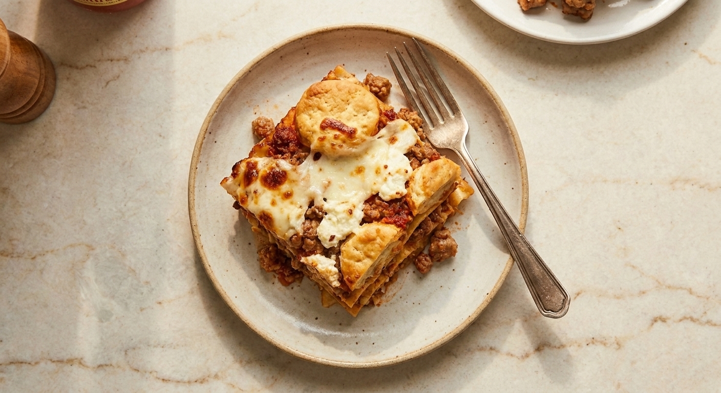A single square-ish slice of dumpling lasagna on a plate showing layers of dumplings, meat sauce, ricotta, and mozzarella, with a fork resting on the side