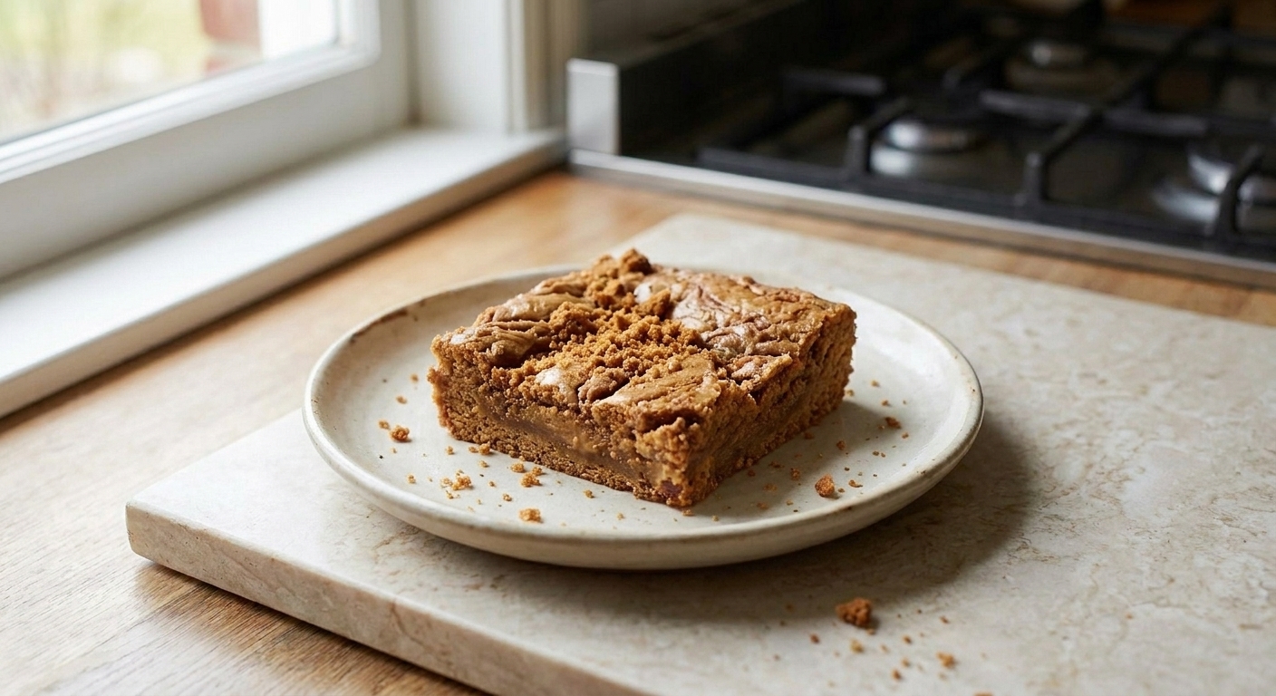 A single square of Biscoff cookie butter blondie on a small plate with visible swirls and cookie crumbs on top