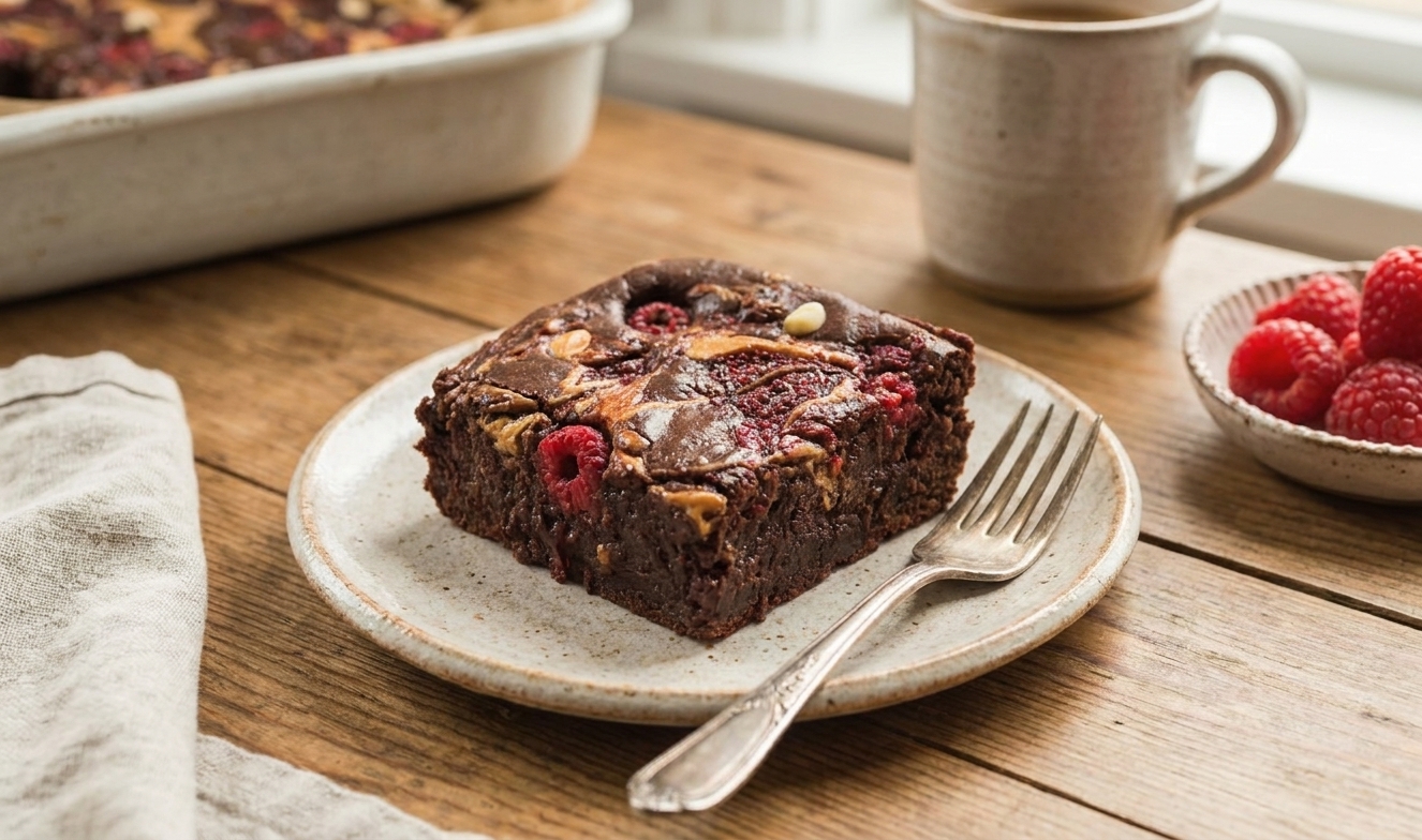 A single square of fudgy vegan brownie on a small plate with a fork on a cozy kitchen table setting