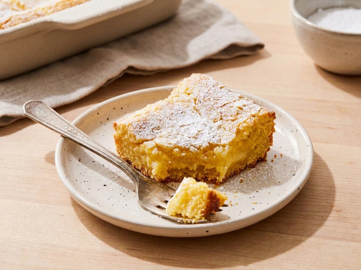 A single square of ooey gooey butter cake on a small plate with a fork on a wooden table setting