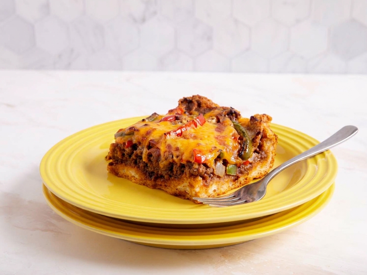 A single square slice of John Wayne casserole on a ceramic plate, showing layers of biscuit crust, beef filling, peppers, and melted cheese, with a fork on the side