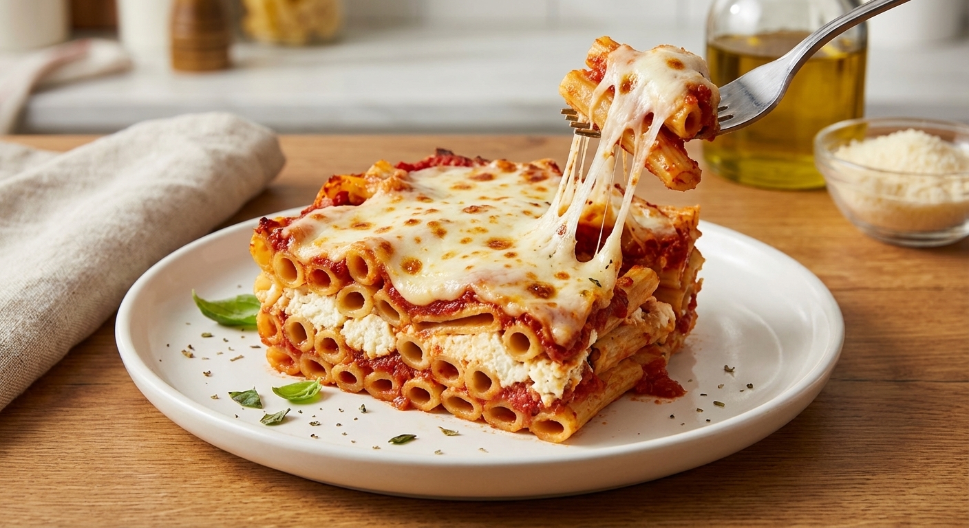 A single square slice of baked ziti on a plate showing visible layers of pasta, red sauce, and creamy ricotta, with melted mozzarella stretching from the slice