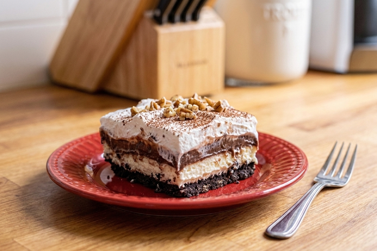 A single square slice of chocolate delight on a dessert plate, showing distinct layers with a fork beside it on a simple table setting