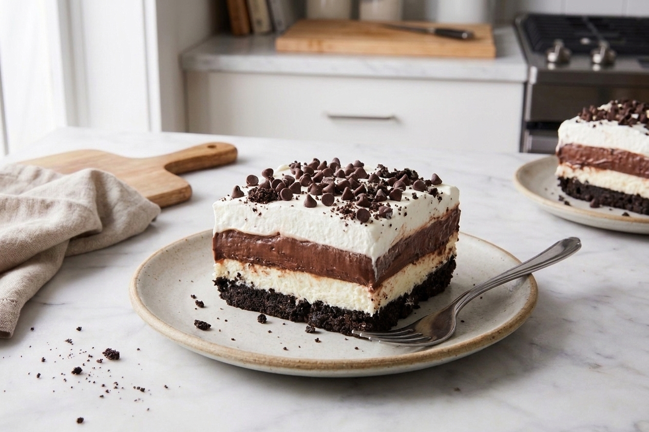 A single square slice of chocolate lasagna on a dessert plate with visible Oreo crust, cream layer, chocolate pudding, and whipped topping, with chocolate chips on top