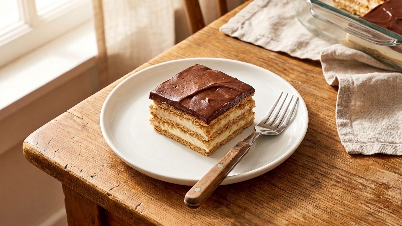 A single square slice of eclair cake on a small dessert plate with a fork beside it on a kitchen table