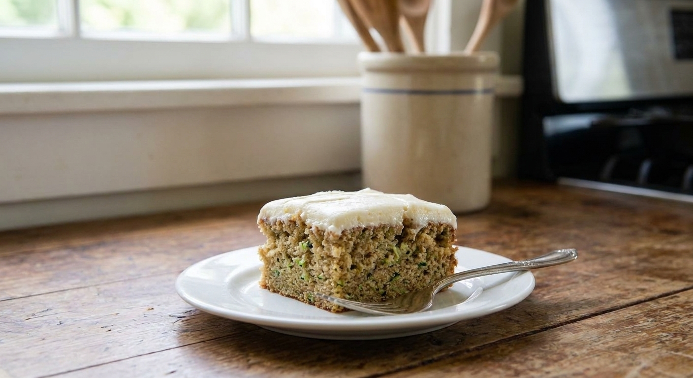 A single square slice of frosted zucchini cake on a small plate with a fork on the side, on a wooden table
