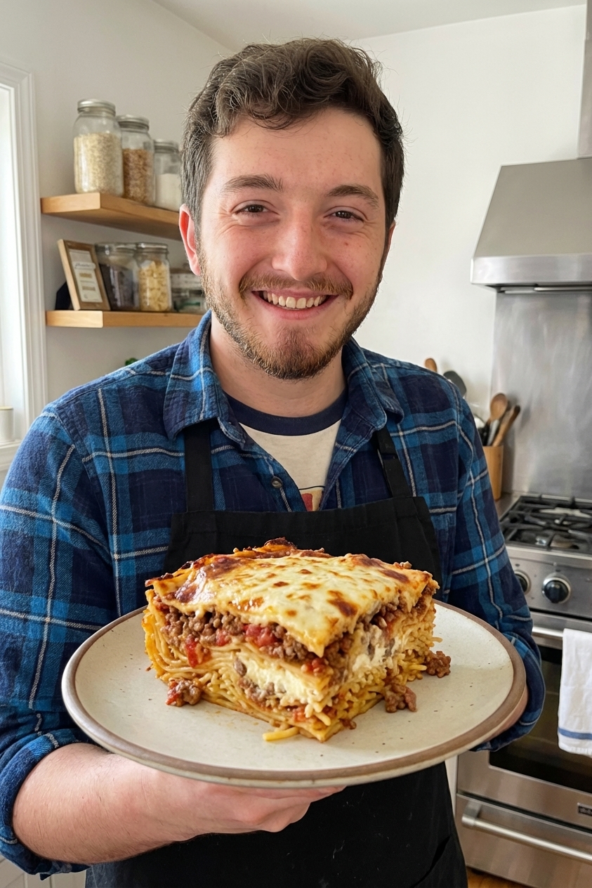A single square slice of million dollar spaghetti on a plate showing layers of noodles, meat sauce, and creamy cheese filling, real food photography