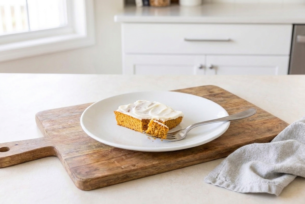A single square slice of pumpkin spice cake with cream cheese frosting on a dessert plate, set on a simple table setting with a fork