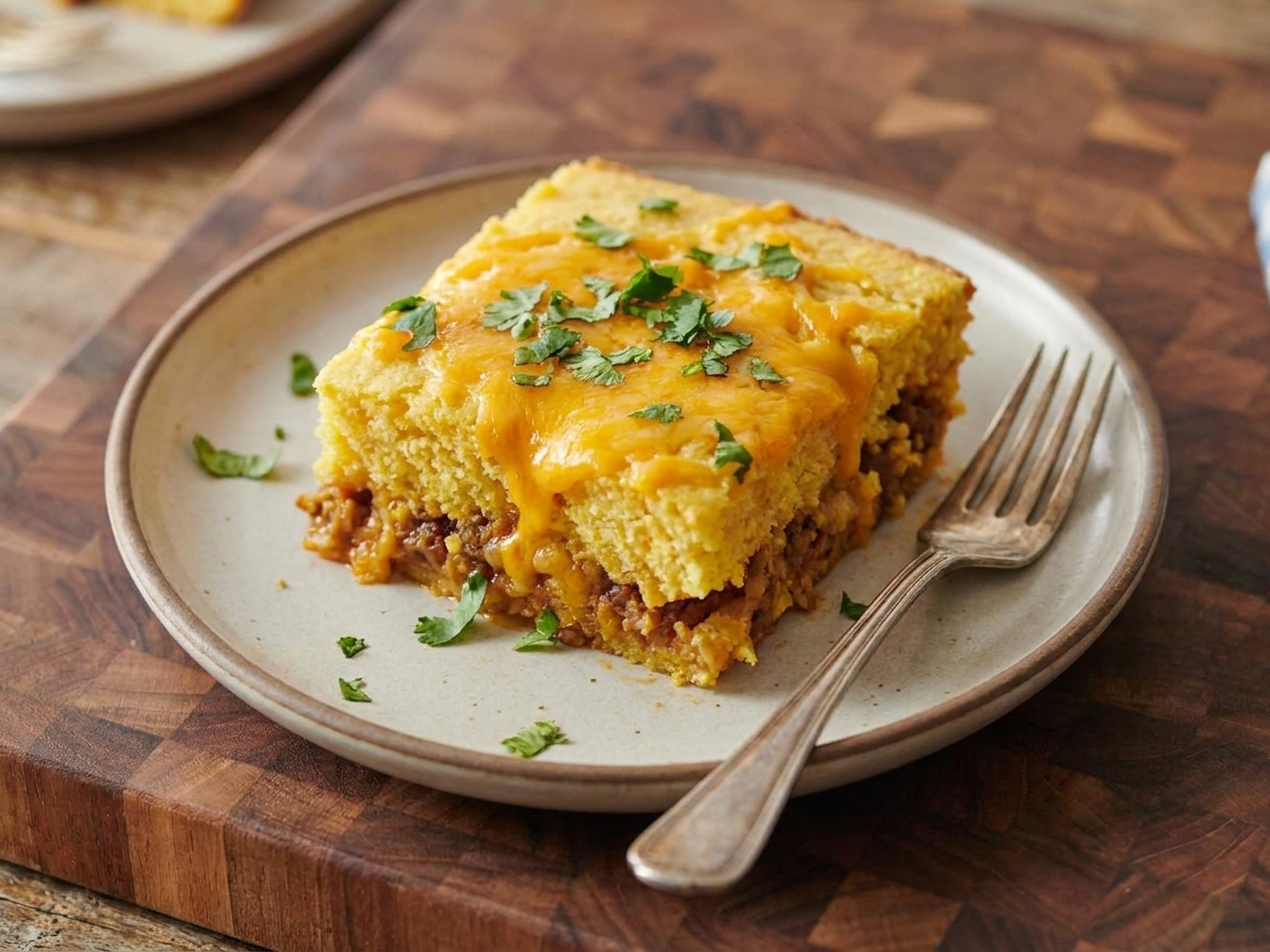 A single square slice of tamale pie on a ceramic plate with melted cheese and a sprinkle of cilantro, fork resting on the side