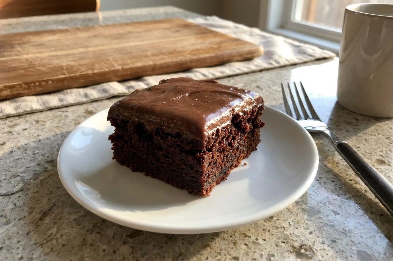 A single square slice of wacky cake on a small plate with glossy chocolate frosting, a fork beside it, and a simple family kitchen table setting in warm natural light