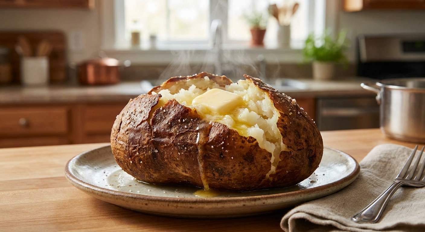 A single steakhouse-style baked russet potato with deeply crisp skin split open to show a fluffy steaming center, topped with melting butter on a plate in a home kitchen