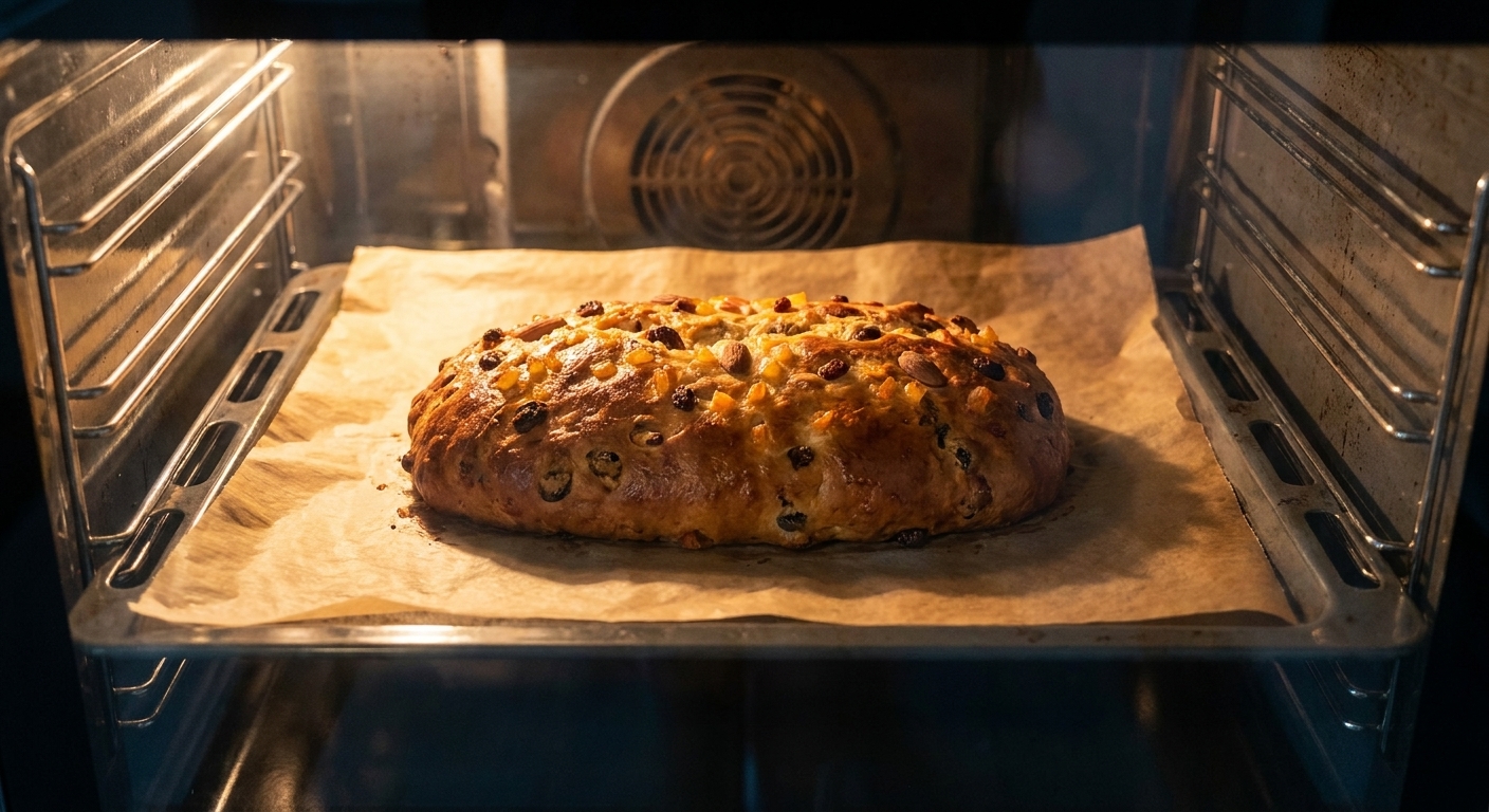 A single stollen loaf on a parchment-lined baking sheet in an oven, the surface turning golden brown