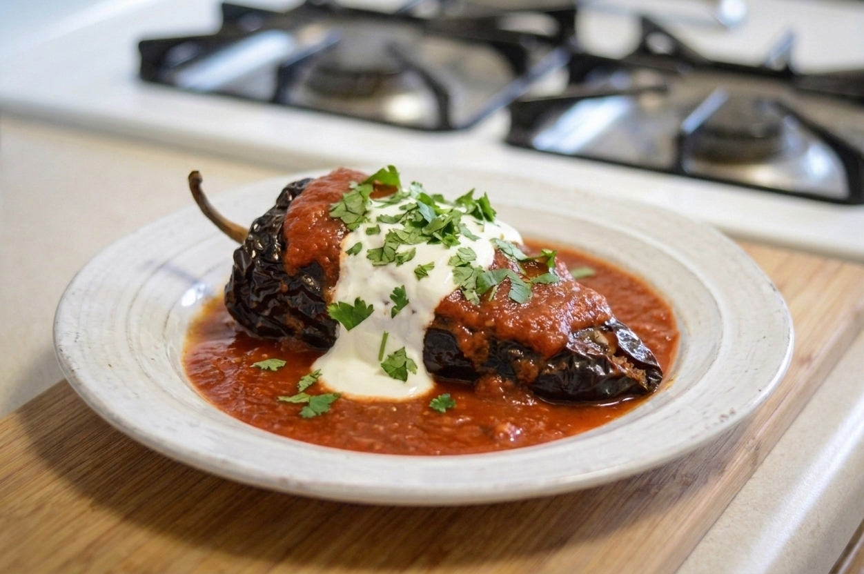 A single stuffed ancho chile on a plate with extra tomato sauce, a dollop of crema, and chopped cilantro on top