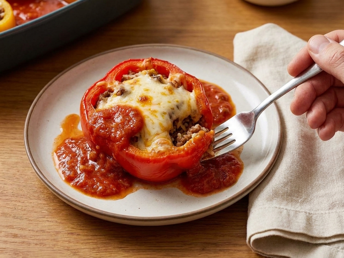 A single stuffed bell pepper on a plate with tomato sauce spooned over it, set on a dinner table with a fork and napkin