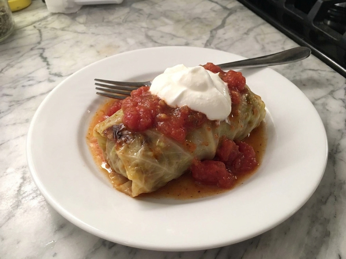 A single stuffed cabbage roll plated with tomato sauce and a dollop of sour cream, fork resting on the side of the plate