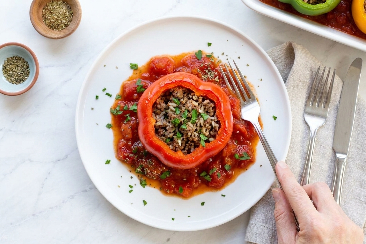 A single stuffed capsicum on a plate with tomato sauce spooned around it, sprinkled with herbs, set on a simple dinner table