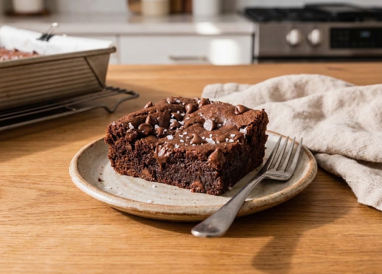 A single sweet potato brownie square on a small plate with a fork on a simple kitchen table setting