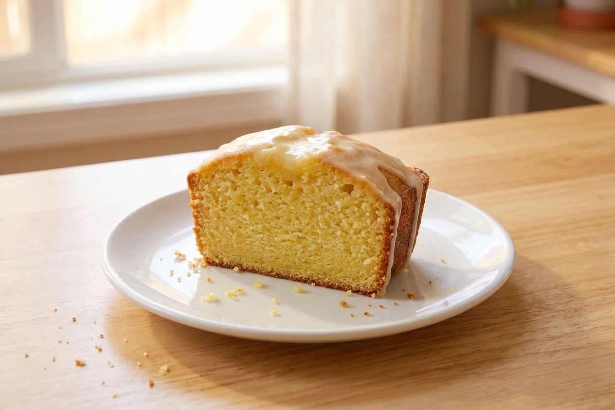 A single thick slice of lemon loaf with a glossy lemon glaze on a white plate, crumbs scattered lightly on a warm kitchen table