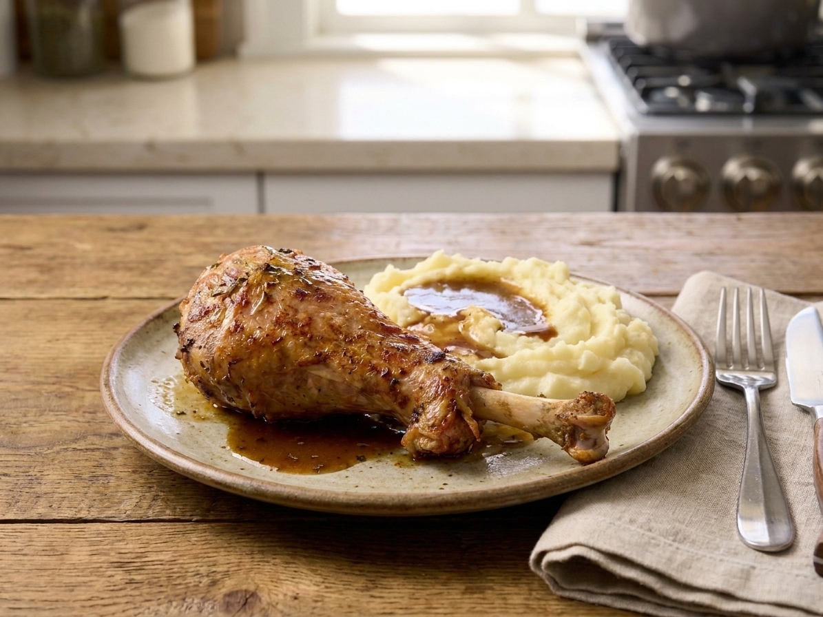 A single turkey leg plated with mashed potatoes and pan gravy, set on a simple weeknight dinner table
