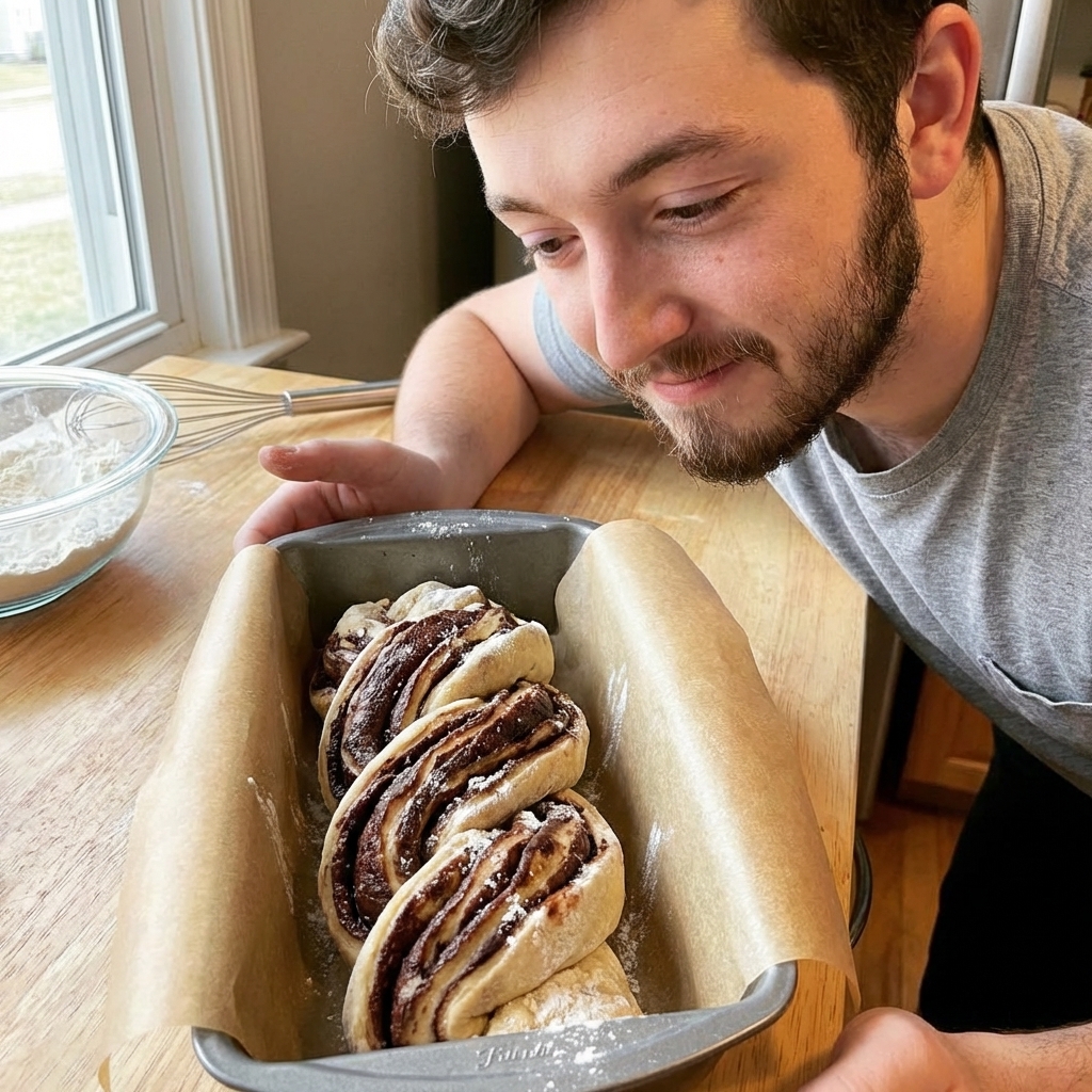A single twisted chocolate babka dough placed into a parchment-lined loaf pan before baking, chocolate layers visible, close-up kitchen photo